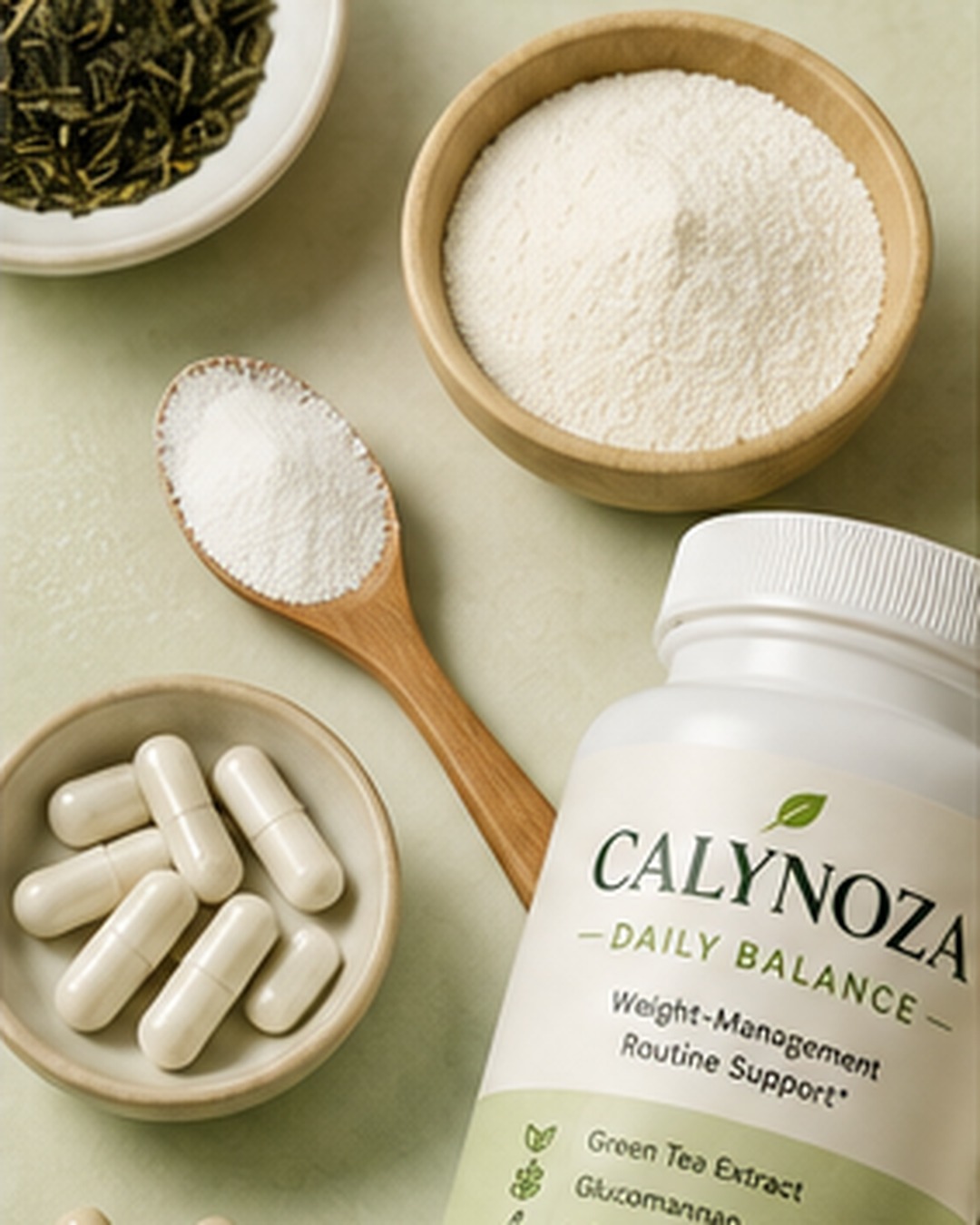 Calynoza Daily Balance ingredient blend with botanical and capsule elements