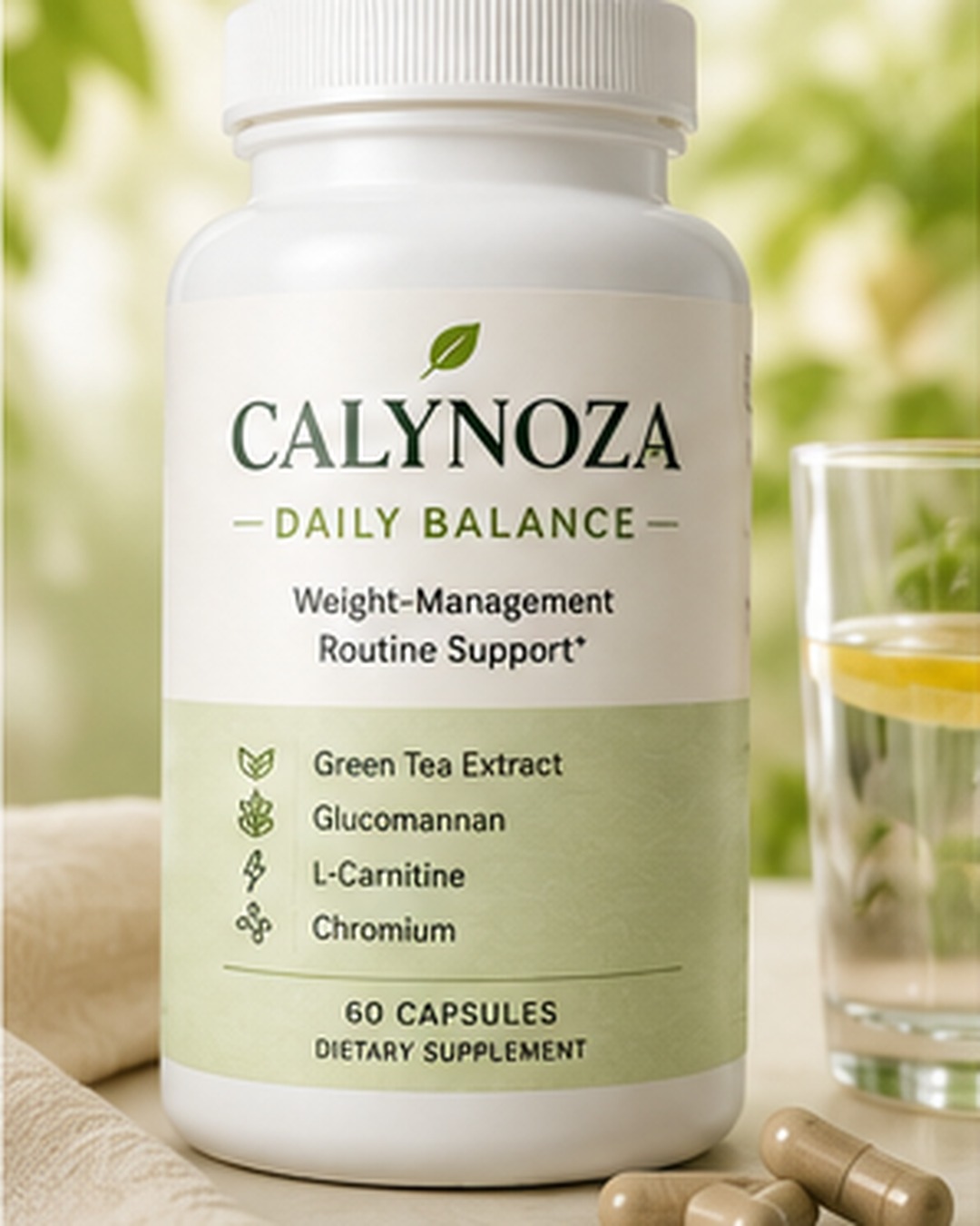 Calynoza Daily Balance bottle with calm wellness styling
